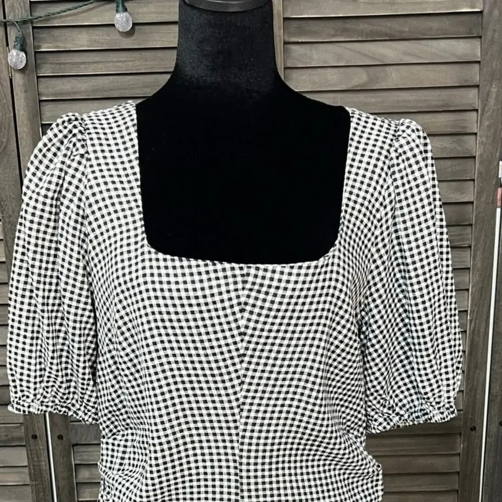 A New Day Black White Gingham Linen Blend Puff Sleeve Tiered Dress 10 NWT - Picture 4 of 9